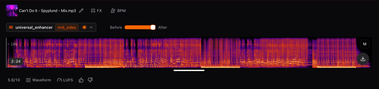 Completed audio version displayed as a spectrogram with the Before and After comparison slider
