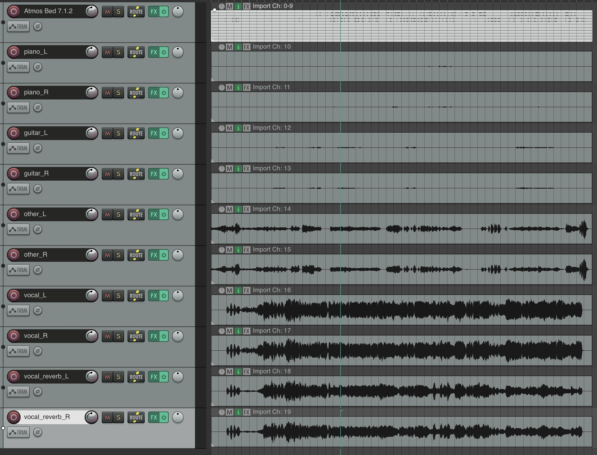 Imported ADM BW64 Atmos session in REAPER showing the ordered Atmos bed, separated stems, and additional tracks for spatial placement