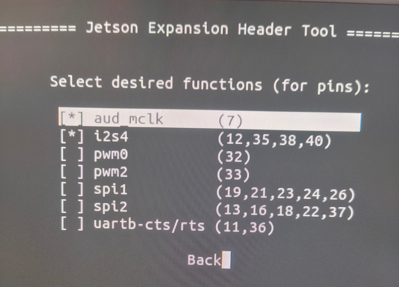 Jetson IO configuration screen: enable i2s4 and audio_mclk
