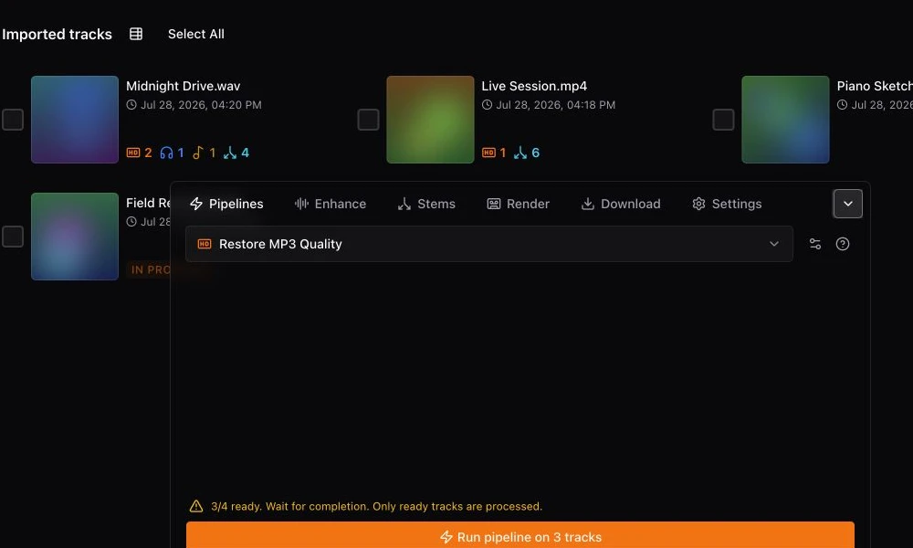 Studio library with multiple selected tracks and the batch process panel