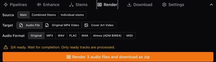 Batch Render panel with source, target, audio format, readiness, and render controls