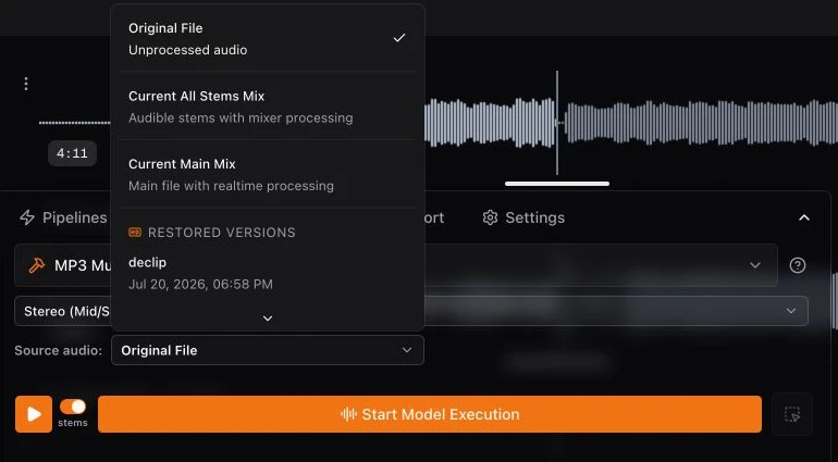 Enhance source menu showing Current Main Mix and Current All Stems Mix