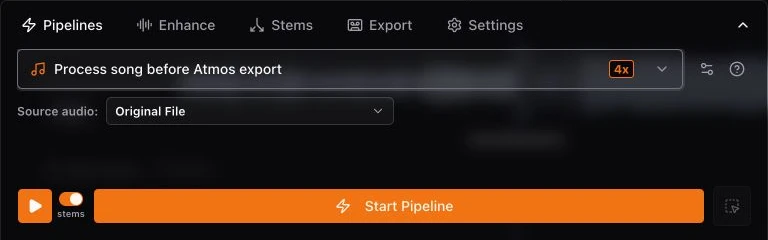 Studio Pipelines panel with Process song before Atmos export selected