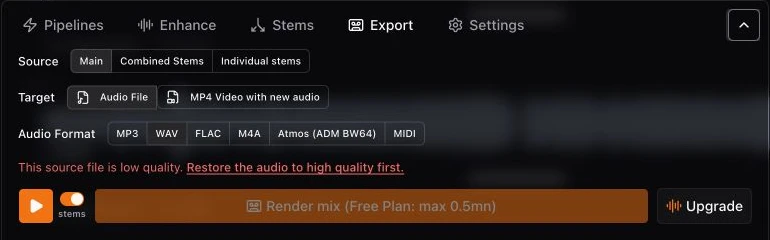 Studio Export panel with source, target, and audio format controls