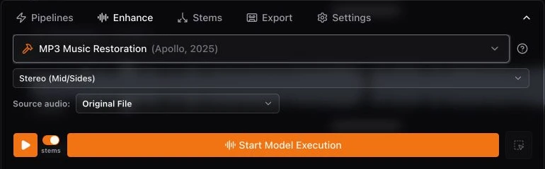 Studio Enhance panel with restoration model and source controls