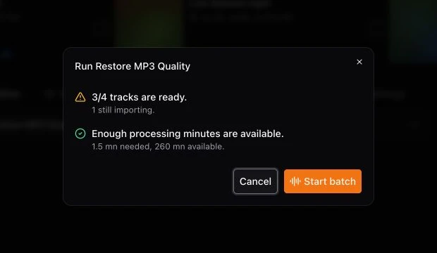 Batch processing confirmation showing ready tracks and estimated processing-minute use