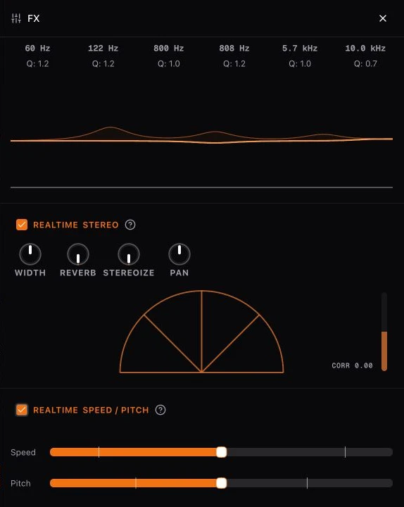 Studio FX panel with realtime Stereo and Speed Pitch effects enabled