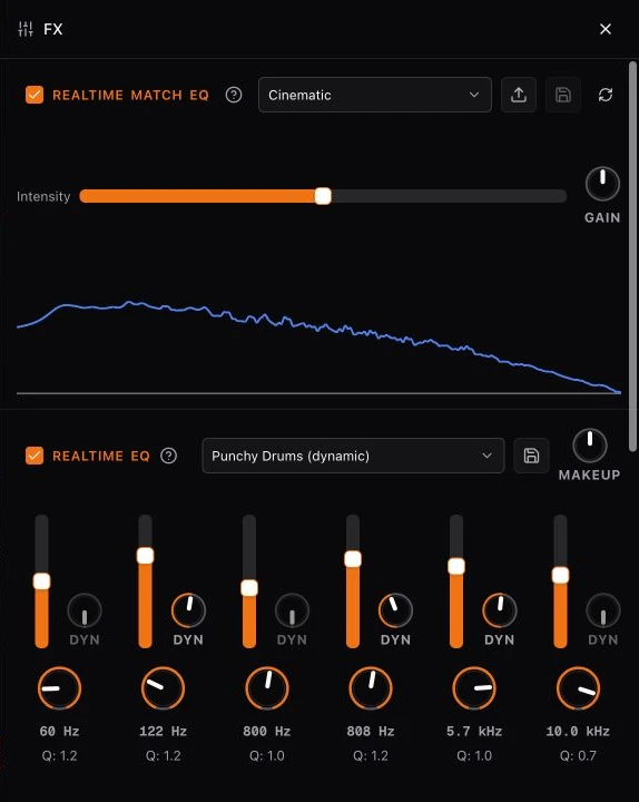 Studio FX panel with Cinematic Match EQ and Punchy Drums dynamic EQ presets enabled