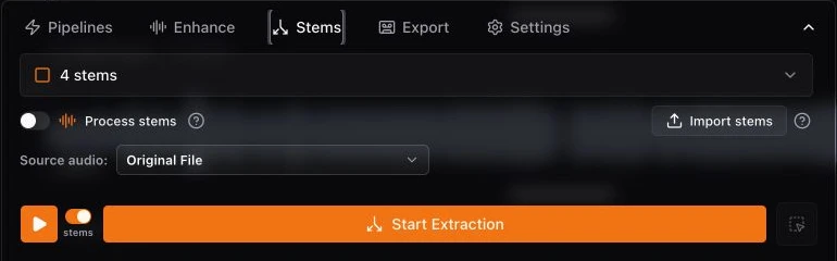Studio Stems panel with preset, source, Process stems, Import stems, and Start Extraction controls