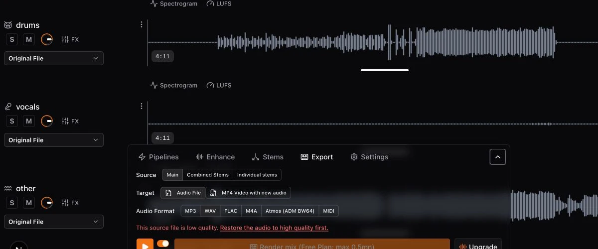 Studio main track and completed stem rows with version, Solo, Mute, and FX controls